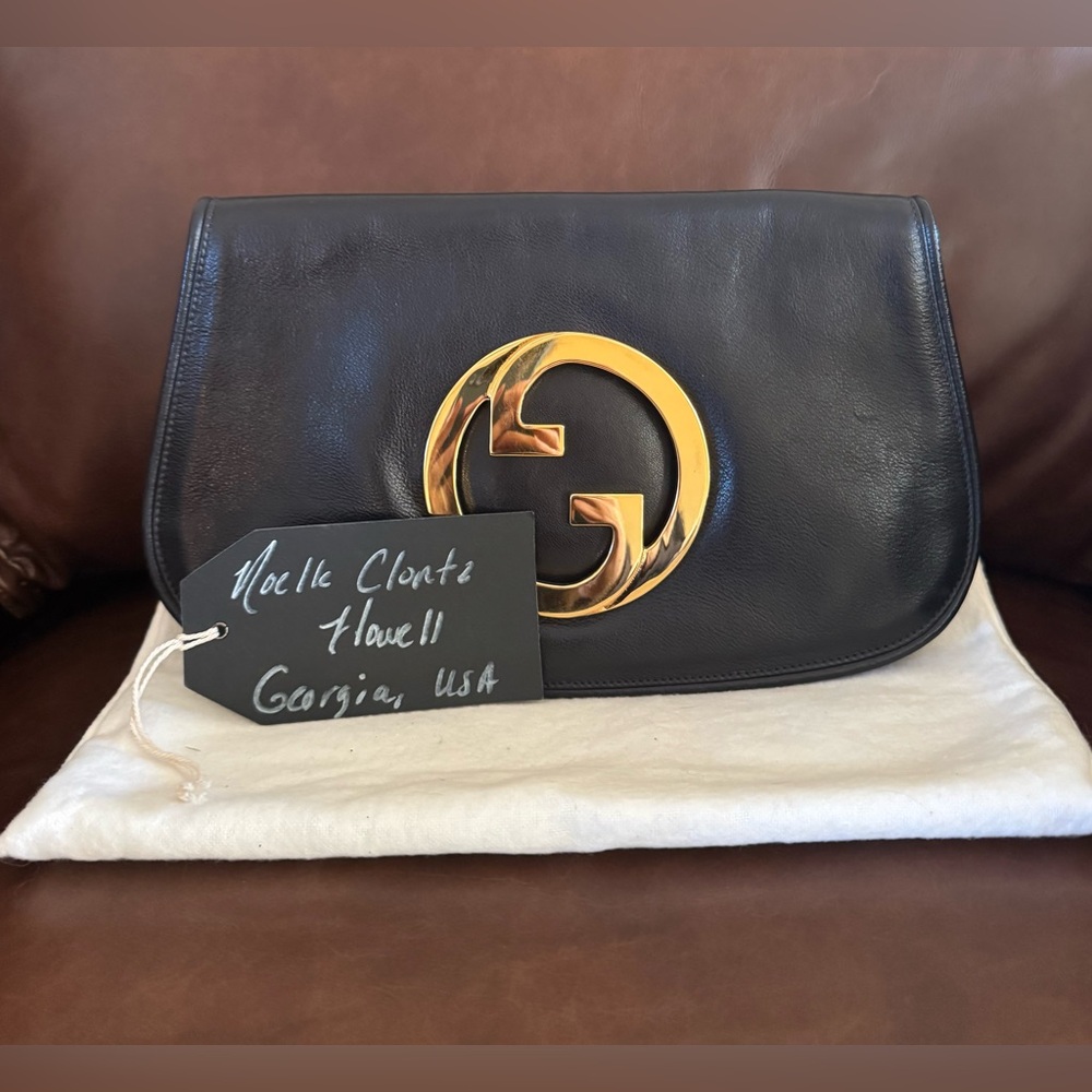 Gucci Black Leather Clutch with Gold GG Logo